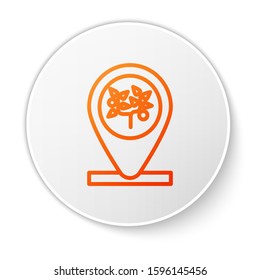 Orange line Location and tree icon isolated on white background. White circle button. Vector Illustration
