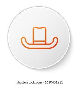 Orange line Man hat with ribbon icon isolated on white background. White circle button. Vector Illustration