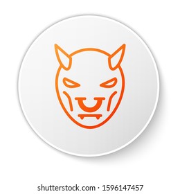 Orange line Mask of the devil with horns icon isolated on white background. White circle button. Vector Illustration