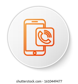 Orange line Mobile phone call icon isolated on white background. White circle button. Vector Illustration