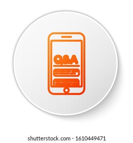 Orange line Mobile phone with Question and Exclamation icon isolated on white background. Frequently asked questions. White circle button. Vector Illustration