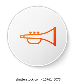 Orange line Musical instrument trumpet icon isolated on white background. White circle button. Vector Illustration