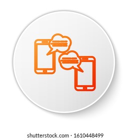 Orange line New chat messages notification on phone icon isolated on white background. Smartphone chatting sms messages speech bubbles. White circle button. Vector Illustration