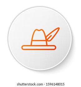 Orange line Oktoberfest hat icon isolated on white background. Hunter hat with feather. German hat. White circle button. Vector Illustration