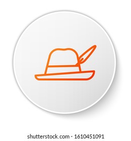 Orange line Oktoberfest hat icon isolated on white background. Hunter hat with feather. German hat. White circle button. Vector Illustration