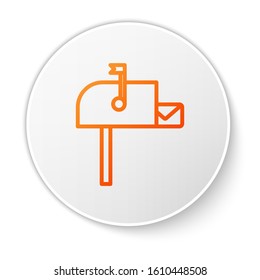Orange line Open mail box icon isolated on white background. Mailbox icon. Mail postbox on pole with flag. White circle button. Vector Illustration