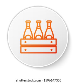 Orange line Pack of beer bottles icon isolated on white background. Wooden box and beer bottles. Case crate beer box sign. White circle button. Vector Illustration
