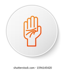 Orange line Palmistry of the hand icon isolated on white background. White circle button. Vector Illustration
