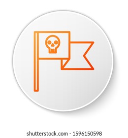 Orange line Pirate flag with skull icon isolated on white background. White circle button. Vector Illustration