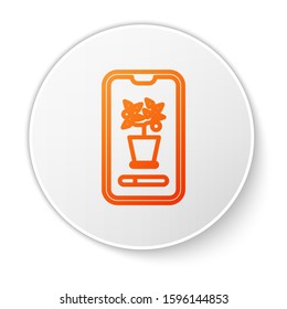 Orange line Smart control farming system mobile application icon isolated on white background. White circle button. Vector Illustration