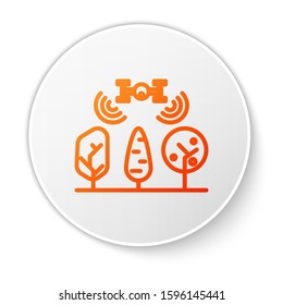 Orange line Smart farm with drone control and tree icon isolated on white background. Innovation technology for agricultural company. White circle button. Vector Illustration