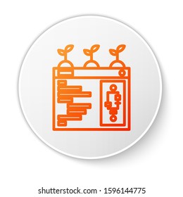 Orange line Smart farming technology - farm automation system in app icon isolated on white background. White circle button. Vector Illustration