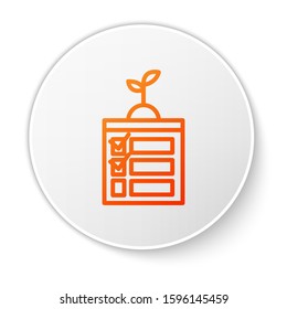 Orange line Smart farming technology - timer farm automation system in app icon isolated on white background. White circle button. Vector Illustration