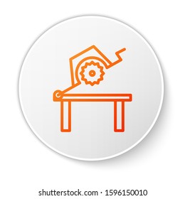 Orange line Table saw for woodwork icon isolated on white background. Power saw bench. White circle button. Vector Illustration