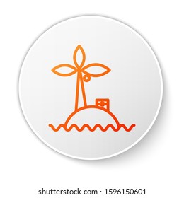 Orange line Tropical island in ocean icon isolated on white background. Landscape with ocean and palm trees. Travel. White circle button. Vector Illustration