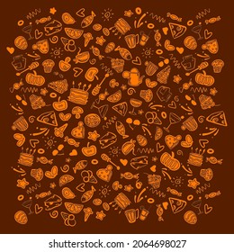 Orange lined food vector illustration on the brown background. Kitchenware, cake, vegetable, cup, heart, ice cream, fruit, pizza, pie, candies, Food elements banner, poster for design project.