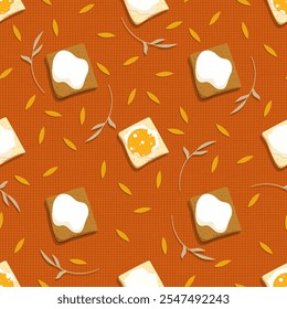 Orange linen texture with pieces of rye bread, butter, cheese, grains and wheat branches. Seamless rustic pattern. Vector illustration.