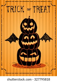 orange lines halloween three pumpkin with wings of bat and trick or treat
