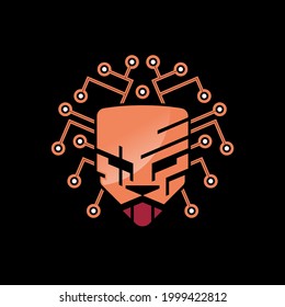 orange lion head and shield technology logo