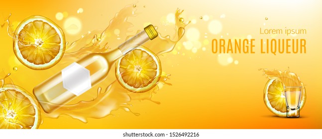 Orange liqueur bottle, shot glass and fruit slices with splashes ad banner, glass flask with liquid drink mock up, alcohol beverage background for magazine advertising Realistic 3d vector illustration