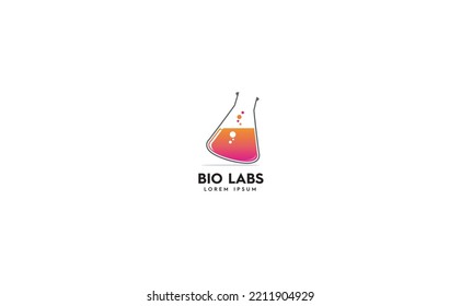 Logo del matraz químico líquido anaranjado. Diseño plano para conceptos de laboratorio, ciencia, biotecnología. Ilustración vectorial de la tecnología científica moderna.