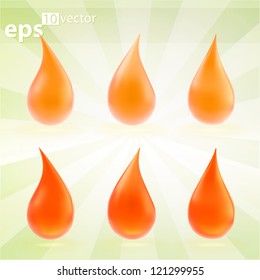 Orange liquid drops as juice, paint, oil or cosmetic, transparent and opaque in three variations vector eps10 illustration icon emblem clip art