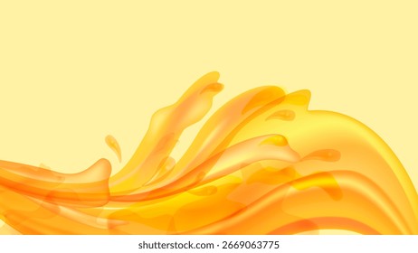 Líquido anaranjado salpicando sobre fondo amarillo. Ilustración vectorial para su diseño