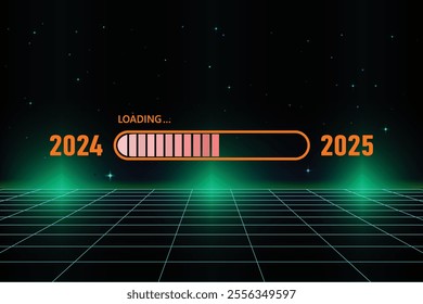 Orange loading bar from 2024 to 2025 on Retro Futurism Sci-Fi Background. glowing green neon grid. and stars from vintage arcade computer background. New Year concept