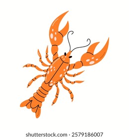 Orange lobster with big claws and white spots flat color vector character. Appealing icon for culinary websites illustration on white background