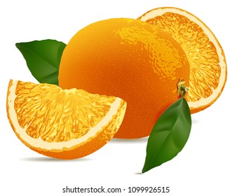 Orange with lobules and leaves, on white background