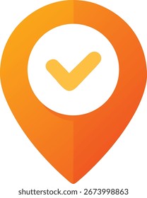 An orange location pin icon featuring a prominent checkmark symbol, signifying a confirmed or successful location. Isolated on a white background for easy integration.