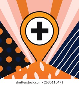 Orange location pin with a plus sign on a white circle and abstract background with stripes and dots