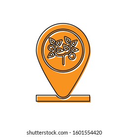 Orange Location and tree icon isolated on white background.  Vector Illustration