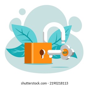Orangefarbene Schleuse mit einem Schlüssel, der mit Blättern auf blauem Hintergrund dekoriert ist. Vektorgrafik-Flachdesign für Banner, Poster und Hintergrund.