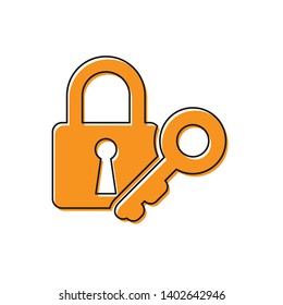 Orange Lock and key icon isolated on white background. Padlock sign. Security, safety, protection, privacy concept. Vector Illustration