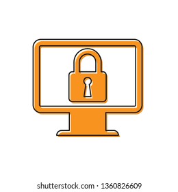 Orange Lock on computer monitor screen icon isolated on white background. Monitor and padlock. Security, safety, protection concept. Safe internetwork. Vector Illustration