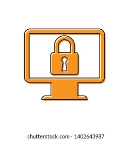 Orange Lock on computer monitor screen icon isolated on white background. Monitor and padlock. Security, safety, protection concept. Safe internetwork. Vector Illustration