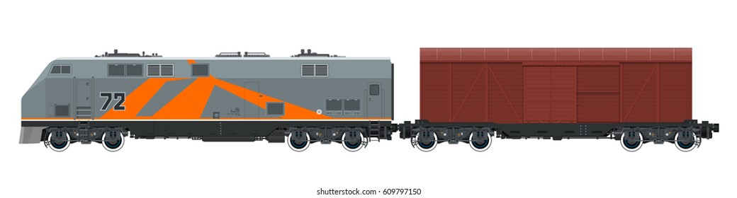 Orange Locomotive with Closed Wagon Isolated on White Background, Train, Railway and Cargo Transport, Vector Illustration 
