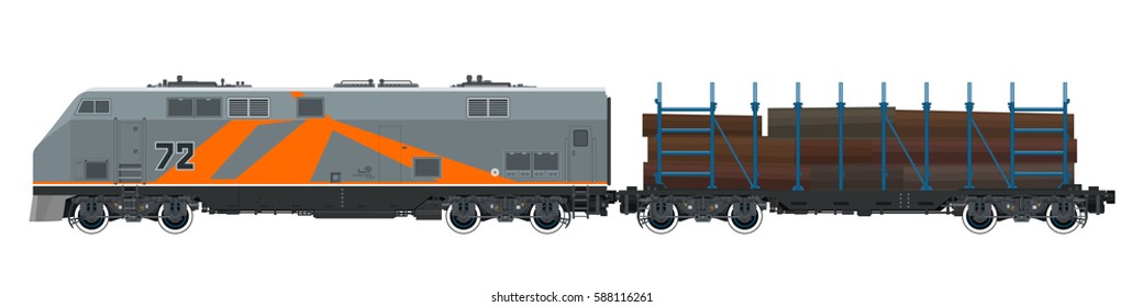 Orange Locomotive with Railway Platform for Timber Transportation, Train, Railway and Cargo Transport, Vector Illustration 