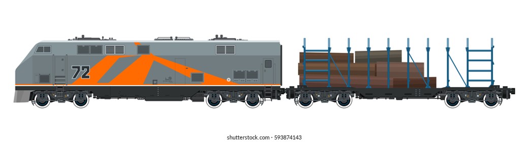 Orange Locomotive with Railway Platform for Timber Transportation, Train on White Background, Railway and Cargo Transport, Vector Illustration 