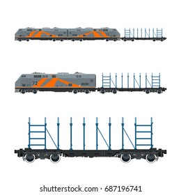 Orange Locomotive with Railway Platform for Timber Transportation Or other Cargoes, Train, Railway and Cargo Transport, Vector Illustration