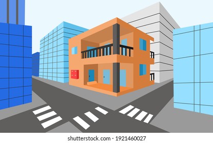 orange lodgings building for rent near commercial building is located at an small intersection in the city, 3D vector design illustration.