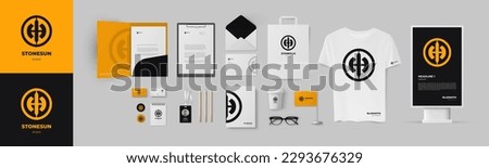 Orange logo with circle form and axe shape inside. Corporate branding template with many elements. Stationery design vector set.