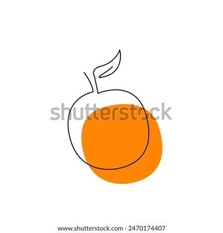 Orange logo concept design isolated on white. Exotic fruit in one line art style with orange spot. Whole fresh raw local farmer product. Citrus vitamin C. Food hand drawn flat vector illustration