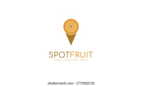 Símbolo de diseño de logotipo naranja del fruto combinado con la forma del pasador de localización. vector