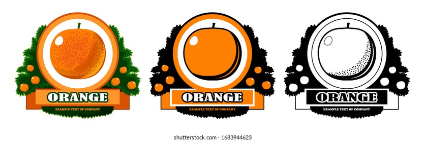 Orange logo vector isolate. Symbol for the production of citrus products: oranges, tangerines, grapefruits, citruses. Company name tape. Three options: full color, two-tone and black. For packing.