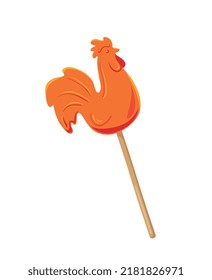 Orange lollipop cockerel. Sweets and delicacies, dessert, tasty but junk food, pastry. Symbol of winter holidays, christmas and new year. Social media sticker. Cartoon flat vector illustration