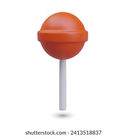 Orange lollipop on stick, vertical front view. 3D illustration on white background with shadow. Hard caramel with aroma and taste. Illustration for holiday design