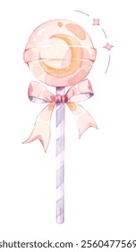 An orange lollipop tied with a bow