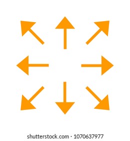 Orange long arrows in 8/eight different directions. Vector illustration, EPS10.
